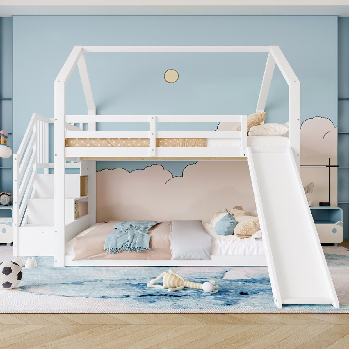 HAUSBETT 140/200 cm in Weiß mit Stauraumtreppe und Rutsche - Weiß, Holz (140/200cm) - BEAOK