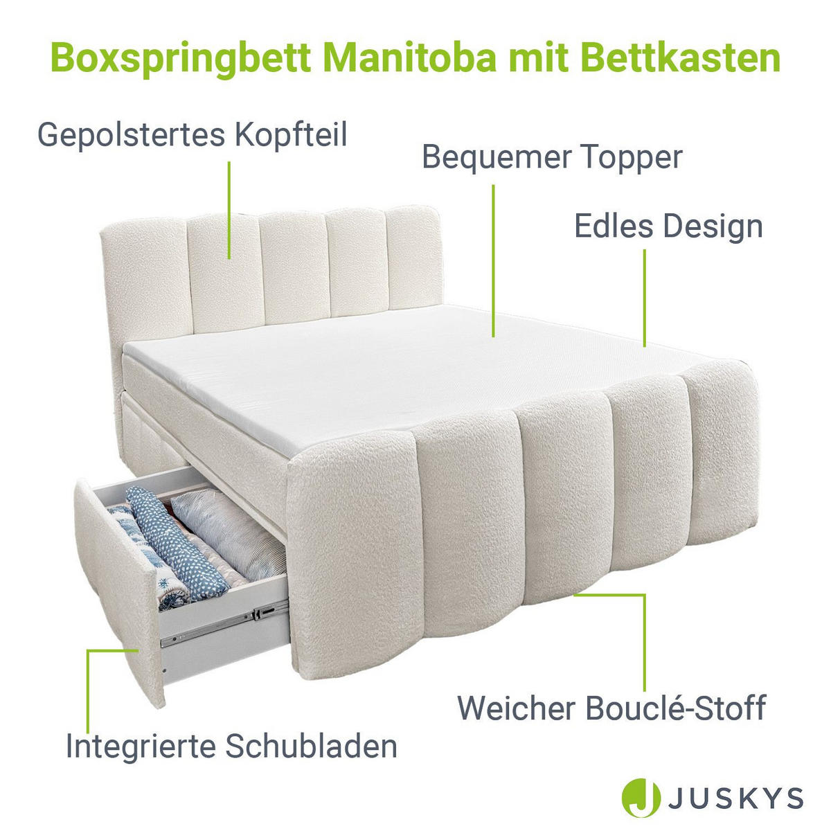 BOXBETT Manitoba 180/200 cm Bouclé Creme mit Bettkasten - Creme, Textil (180/200cm) - Juskys