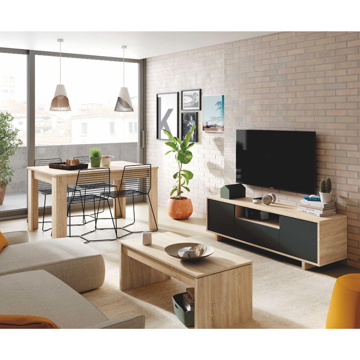 TV-MÖBEL 3 Türen + 1 Aufbewahrungsnische Zaira - L150 cm - Eiche Artisan/Grau, Holzwerkstoff (41/46/150cm) - Calicosy