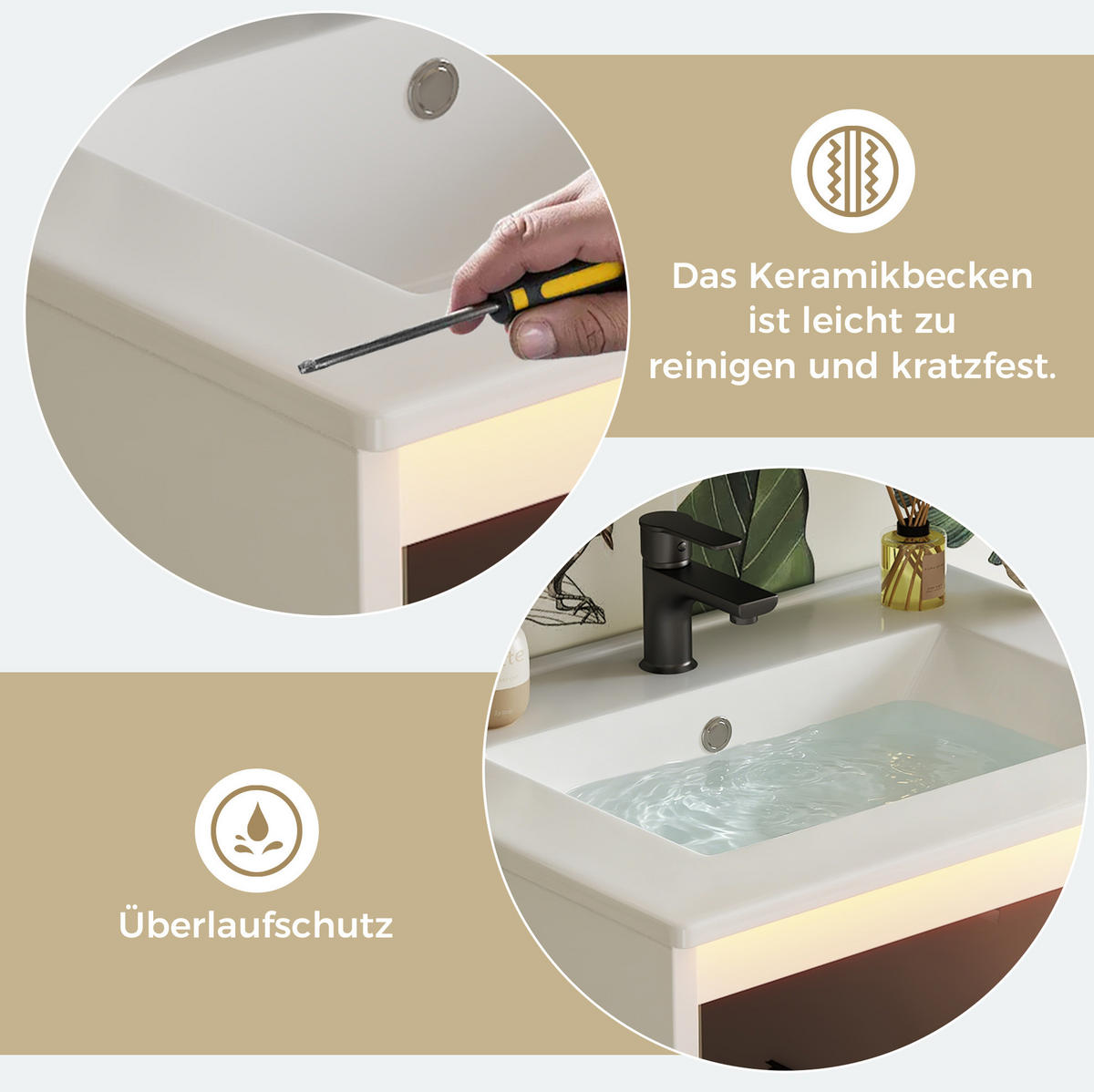 FREISTEHENDER Badezimmerwaschtisch aus MDF und Keramik 61x46,5x87 cm Weiß mit 2 Schubladen und Soft-Close - Weiß, Keramik (61/87/46.5cm) - Modfu