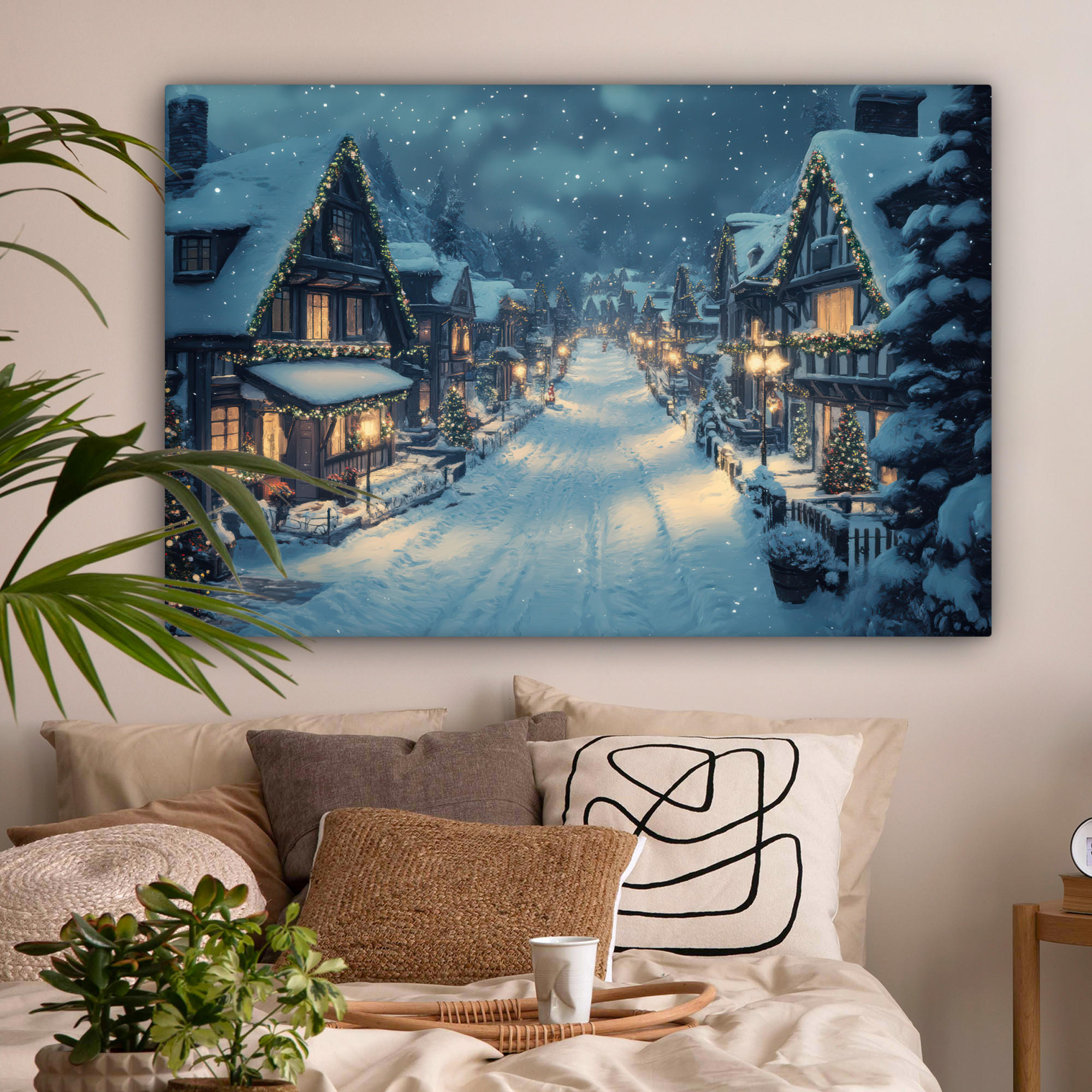 LEINWANDBILD Weihnachtsdorf - Weihnachten - Schnee - Winter XXL 150x100 cm - Dunkelblau, Textil (150/100cm) - MuchoWow