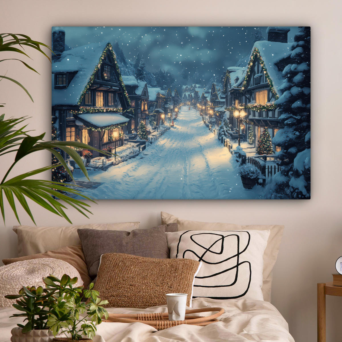 LEINWANDBILD Weihnachtsdorf - Weihnachten - Schnee - Winter XXL 150x100 cm - Dunkelblau, Textil (150/100cm) - MuchoWow