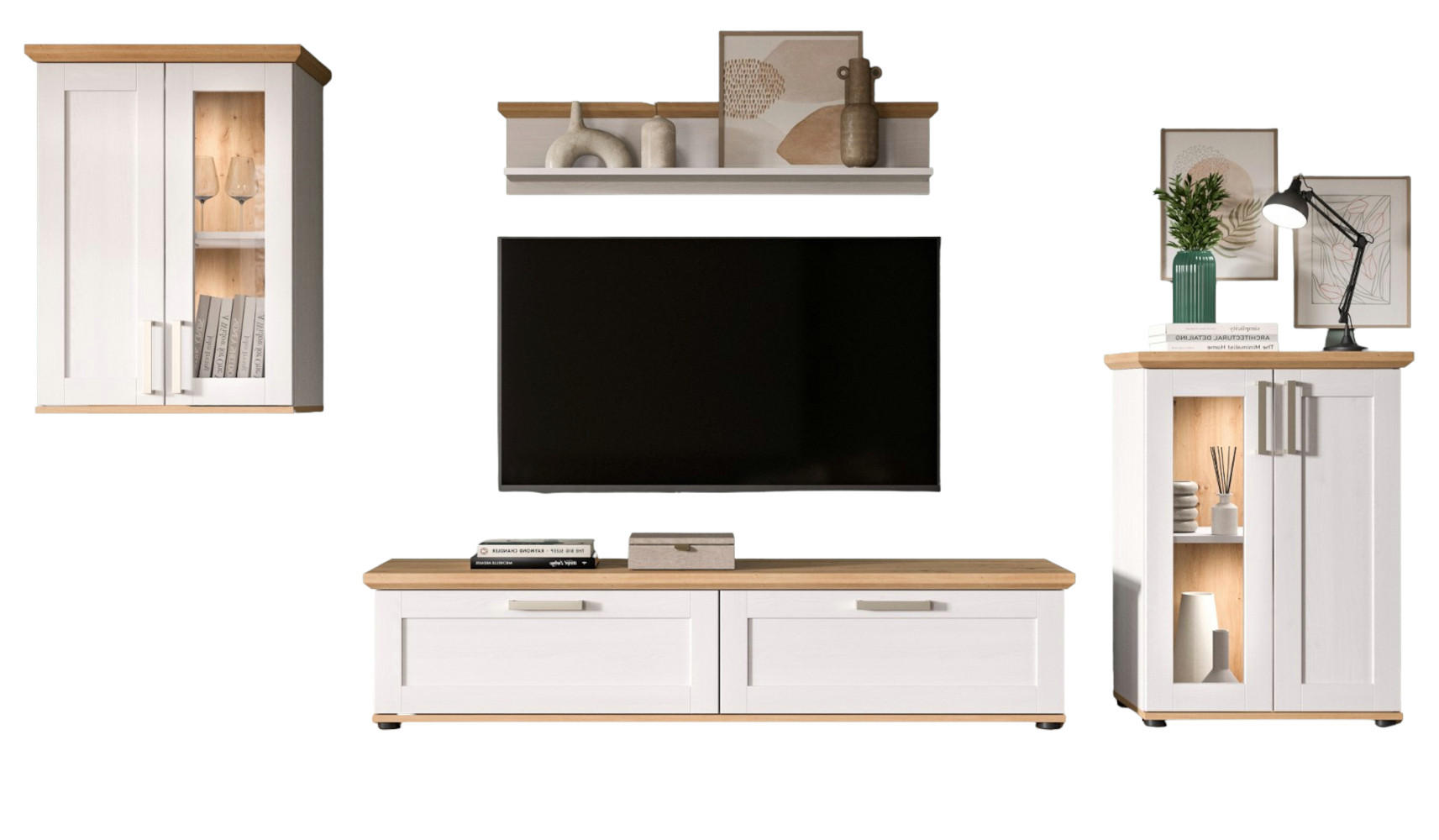 WOHNWAND 4-teilig weiß Lärche, Eiche Artisan 316 cm Landhaus, Schrankwand mit viel Stauraum - Silberfarben/Schwarz, Holzwerkstoff/Kunststoff (316/171/40cm) - Inn.Furn