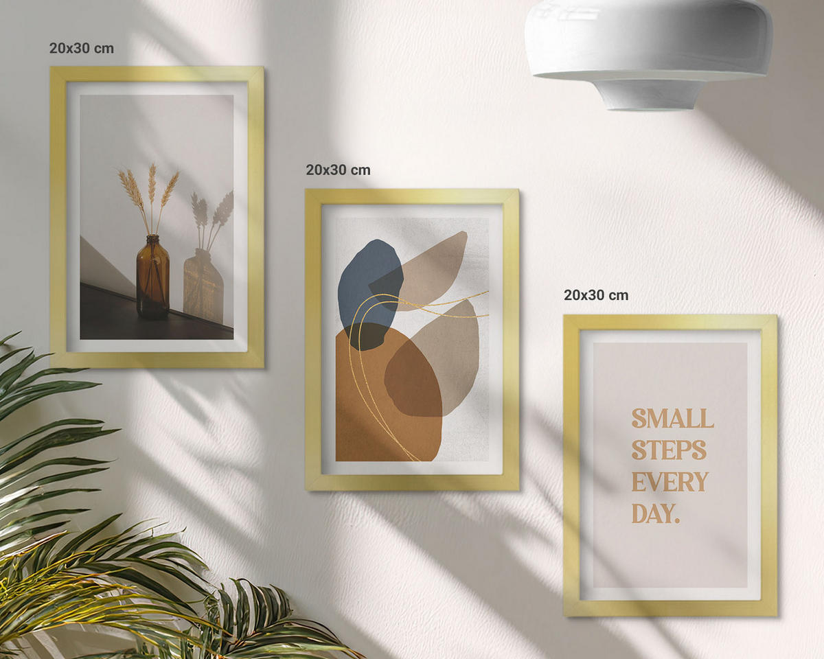 WANDBILDER 3er Set - 20x30 cm Goldrahmen - Set abstrakter Formen - Goldfarben, Kunststoff (20/30cm) - ArtPrintCave