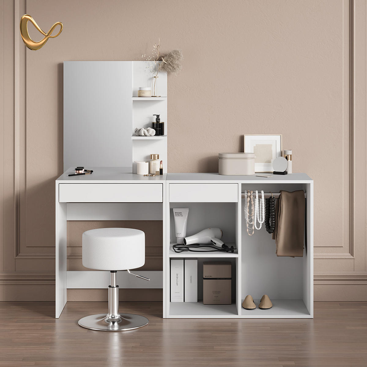 SCHMINKTISCH Nola Weiß 140 cm mit Hocker - Weiß, Holzwerkstoff (140/140/40cm) - Livinity®