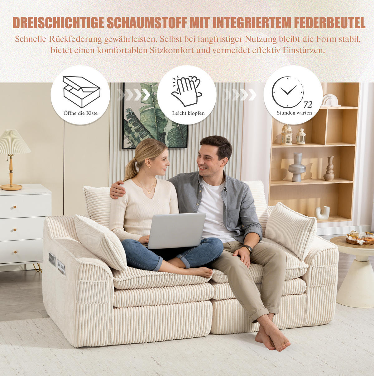 2-SITZER Sofa 191/94/85 cm mit Seitentaschen, Kissen und Federkern, Cordbezug, Beige - Beige, Textil (191/85/94cm) - Redom