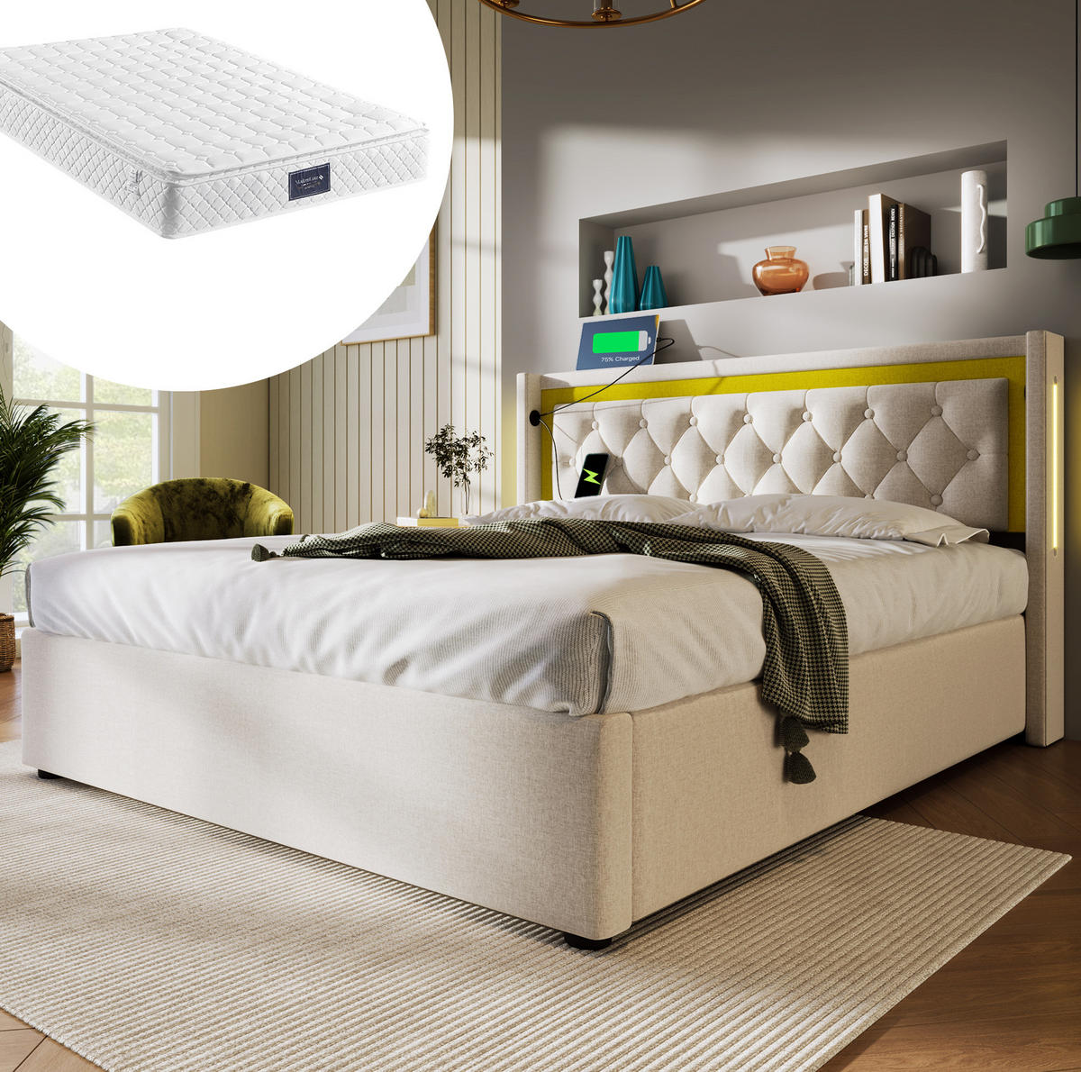 POLSTERBETT 140/200 cm Beige mit Stauraum, LED und USB- und Type-C-Anschlüssen - Beige, Textil (140/200cm) - Flora Grace