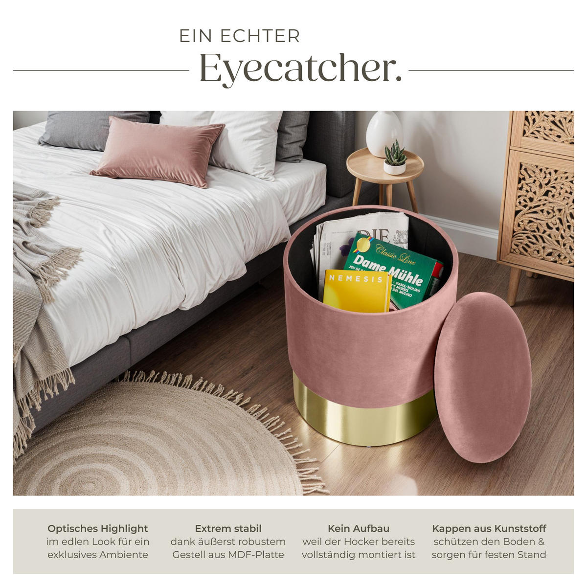 SITZHOCKER mit Stauraum Sarina,36 x 44,5 cm,rosa - Rosa, Holz (36/44.5/36cm) - tectake