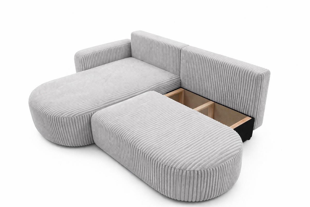 ECKSOFA Mit Schlaffunktion Und Bettkasten, Cordstoff Tilia, Grau, Links, ROUND ONE OPEN XL - Grau, Holz (262/175cm) - Kaiser Möbel