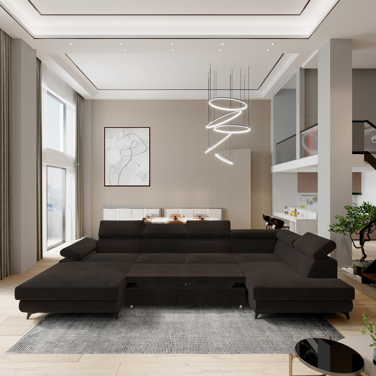 WOHNLANDSCHAFT RUBANO R-S Braun Velours-Stoff mit Schlaffunktion - Braun, Holz (339/89/190cm) - MASSENO