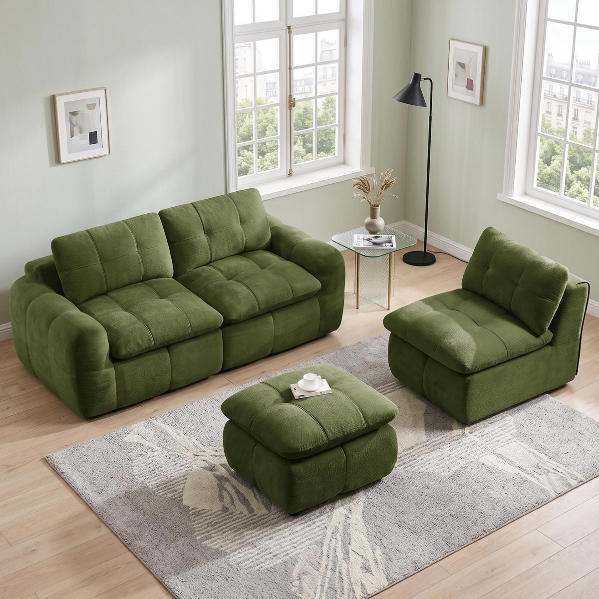 HÖRNSOFFA L-form modulär chenille grön med pall - Grön, Textil (264/160cm) - Urban Meuble
