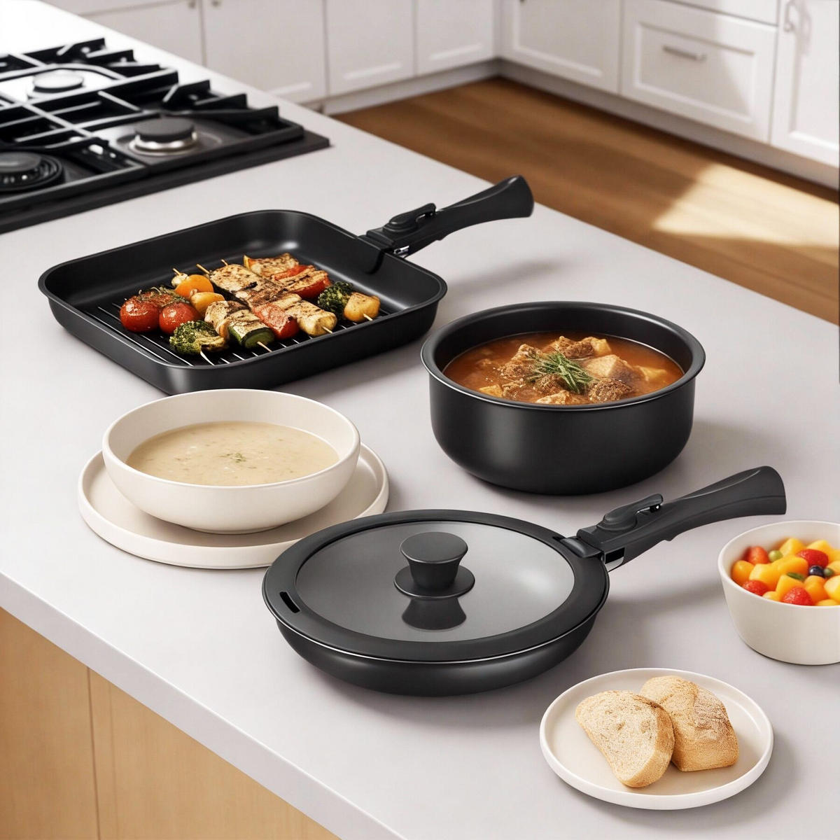 KÜCHENSTARTERSET 41er Set Una/Parma, inklusive Topfschonern und anklemmbaren Griffen, schwarz/taupe - Taupe/Schwarz, Keramik (30/8.5/46.5cm) - tectake