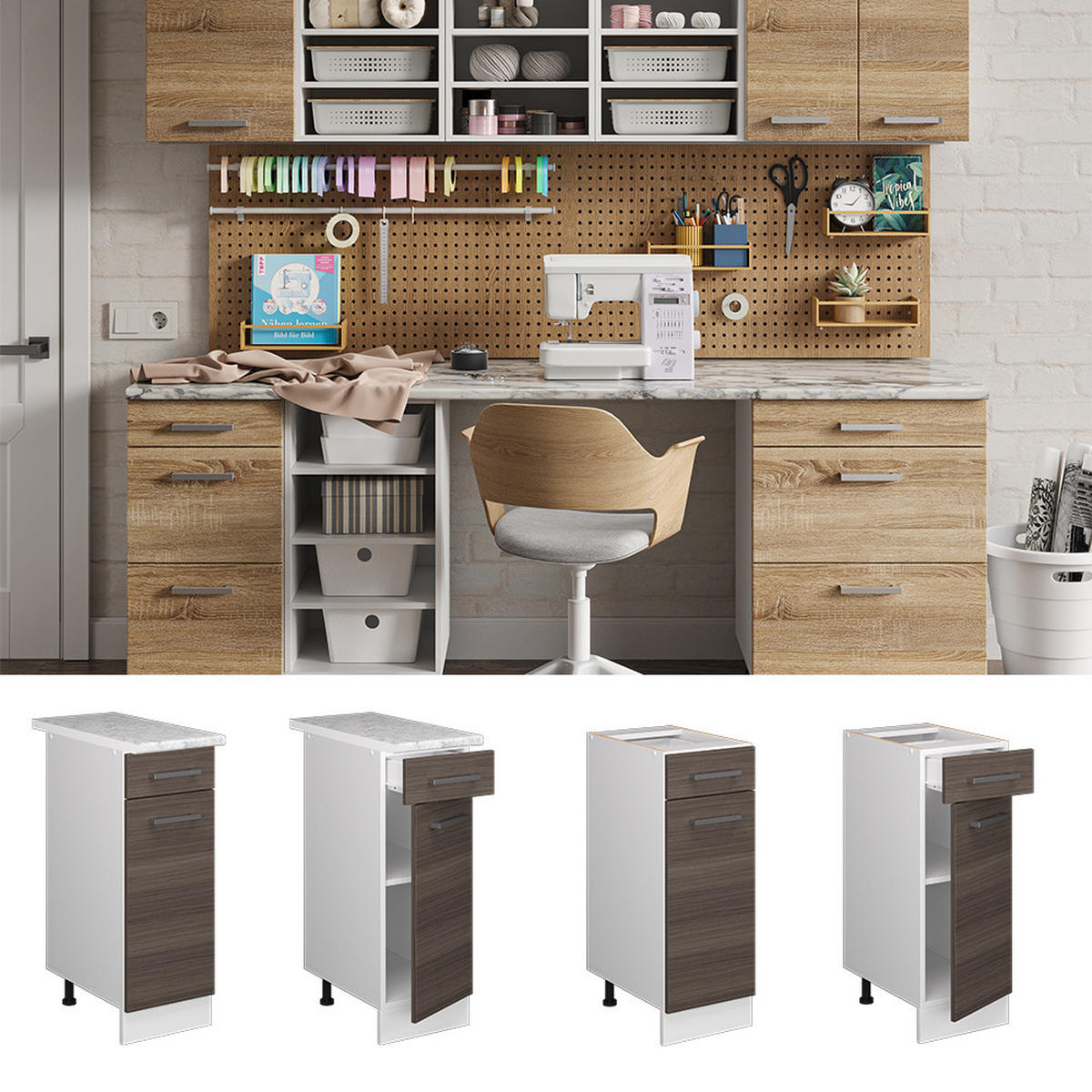UNTERSCHRANK R-Line Grau 30 cm mit Schublade, mit Arbeitsplatte - Weiß/Grau, Holzwerkstoff (30/81.6/60cm) - Vicco