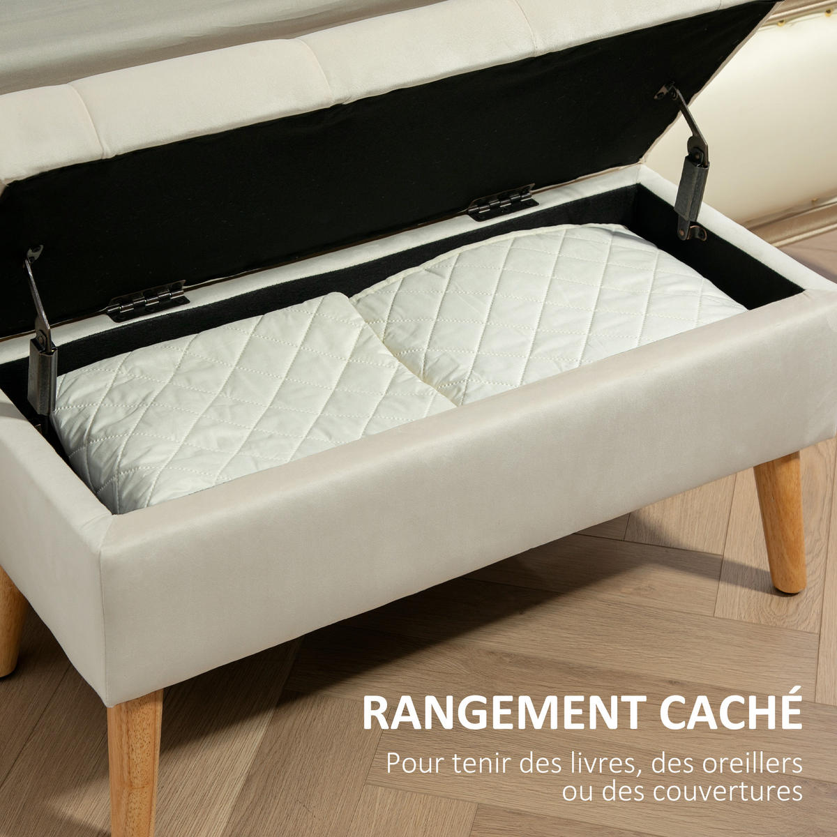 TRUHENBANK DE-16392 mit Stauraum und Samtbezug Creme - Creme, Textil (80/42/35cm) - ComfortXL