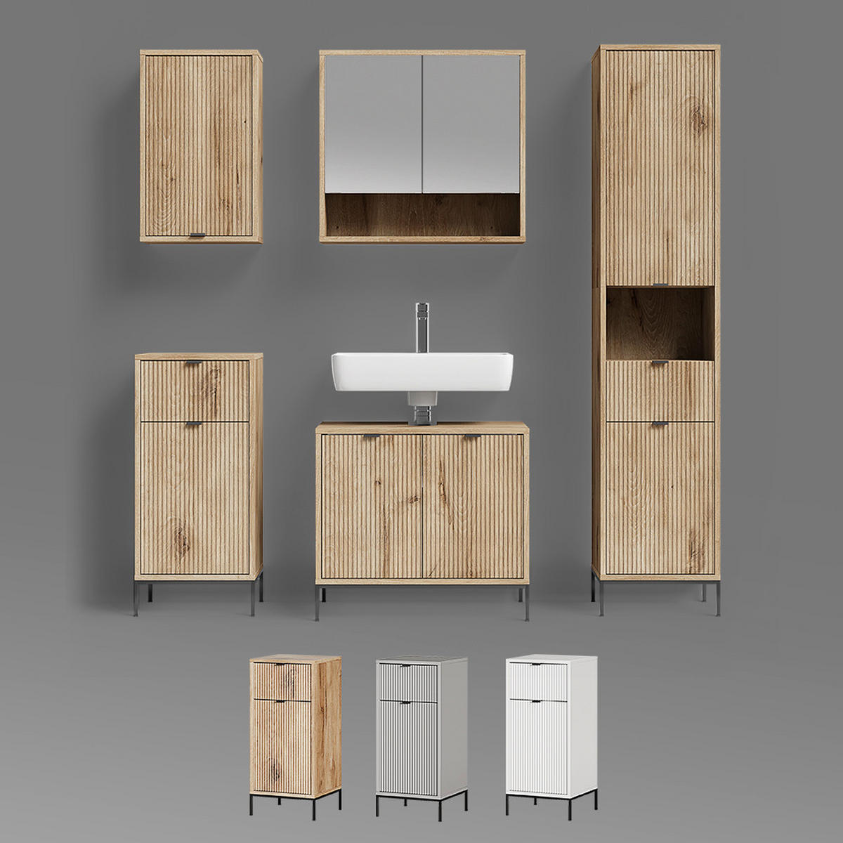 BADMÖBEL-SET ATERNO Viking Oak 3 Teile, mit Hochschrank - Eiche Wotan, Holzwerkstoff (70/63/45cm) - Livinity®