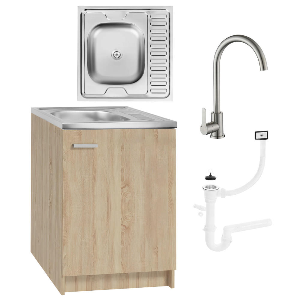 SPÜLUNTERSCHRANK 60cm mit Spüle + Armatur + Siphon Eichenfarbe - Eichefarben, Holzwerkstoff (60/82/60cm) - Stamar