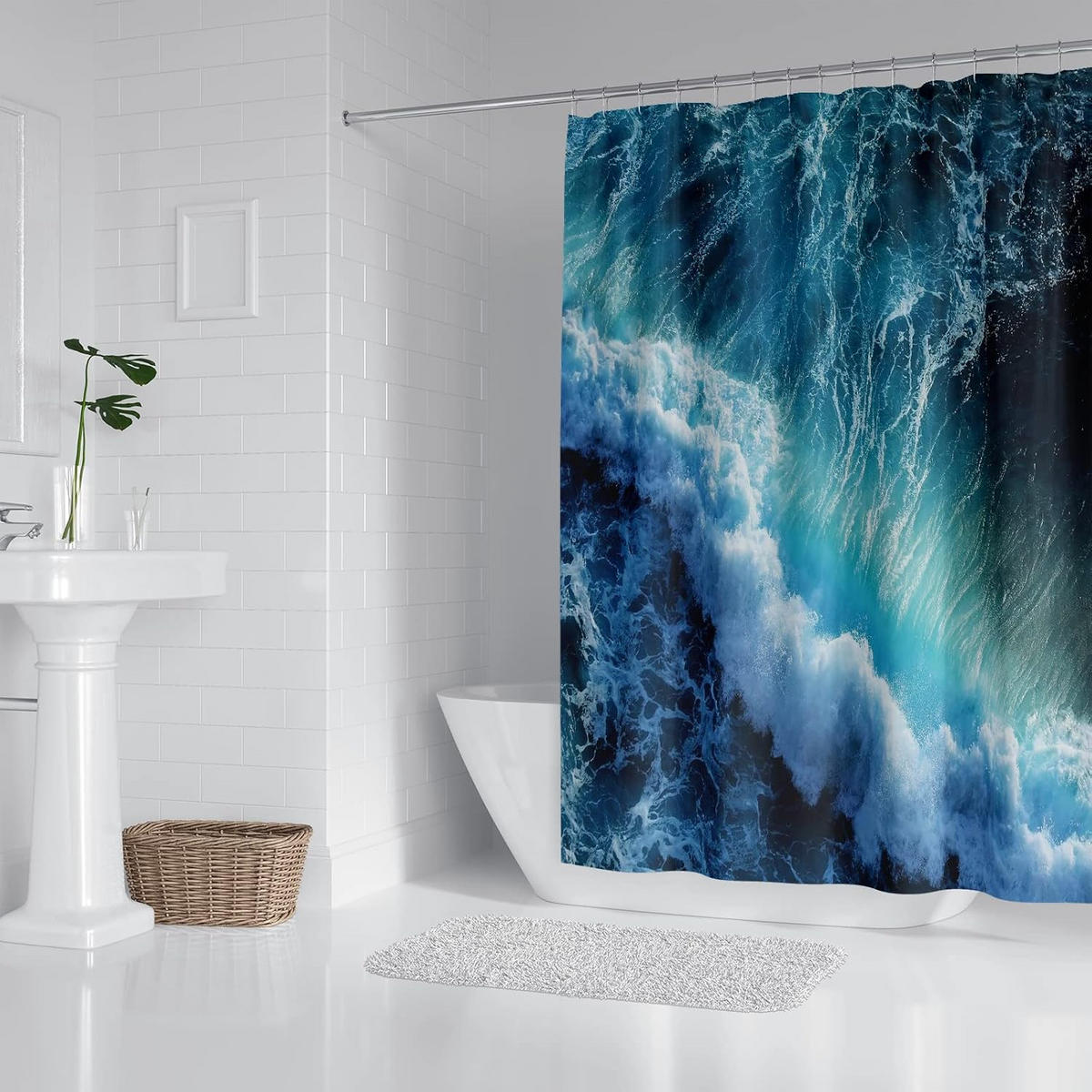 DUSCHVORHANG Blau Wellen Muster 3D schimmelresistent mit Haken fürs Badezimmer Badewanne - Blau, Textil (180/180cm) - MCBOSON