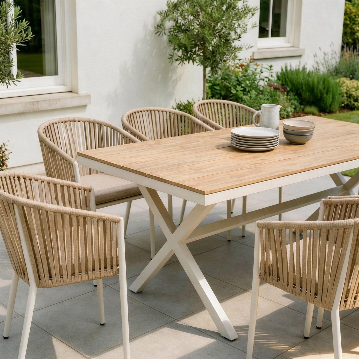 GARTENTISCH ISOLA weiß/natur - Weiß/Naturfarben, Kunststoff/Metall (100/180/76cm) - IDIMEX