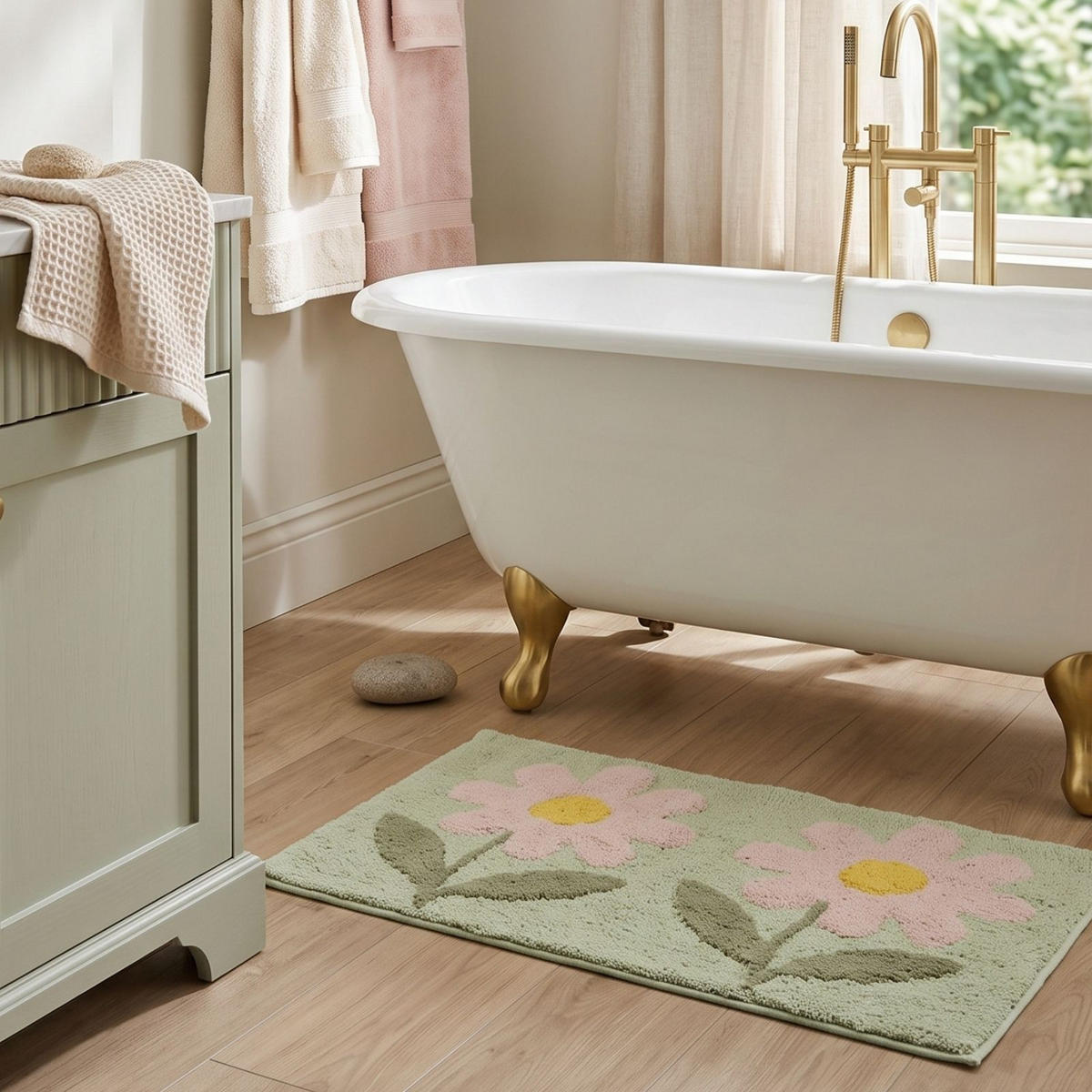 BADTEPPICH Blumen 50/80 cm, grün-rosa, 100 % Baumwolle - Grün, Textil (50/80cm) - Homescapes
