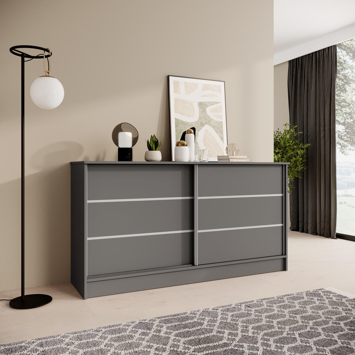 KOMMODE Mirela mit 2 Schiebetüren 160 cm, Graphit - Graphitfarben, Holzwerkstoff (161/85/43.5cm) - Beautysofa