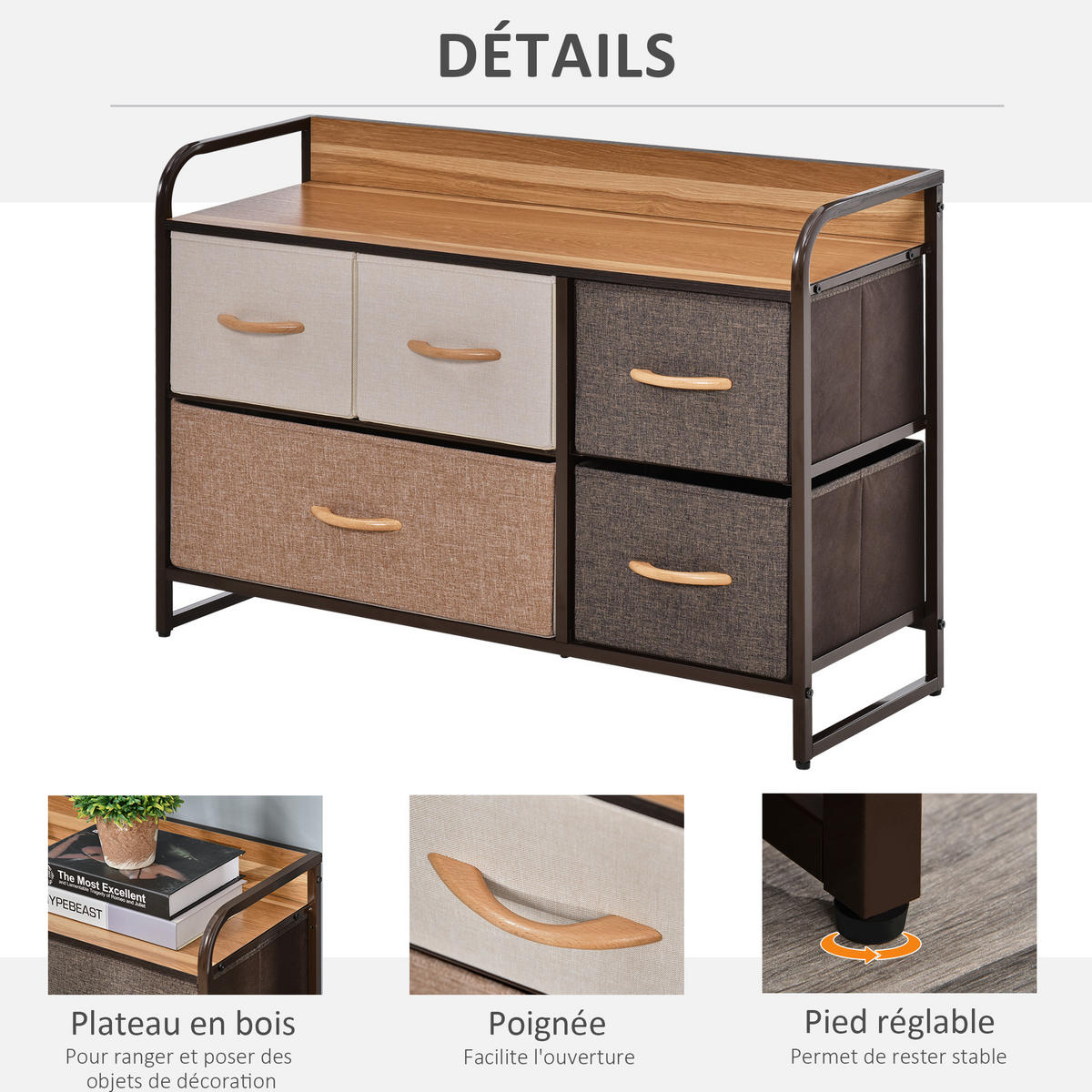 KOMMODE DE-12340 5 Schubladen 87,5/29/58 cm Mehrfarbig - Multicolor, Holzwerkstoff (87.5/58/29cm) - ComfortXL