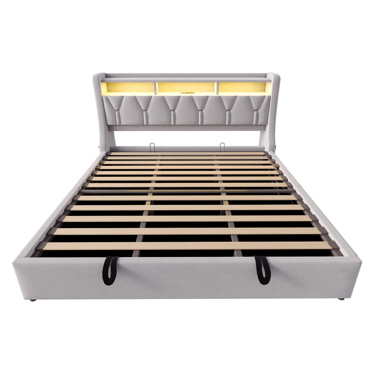 POLSTERBETT 180/200 cm Hellgrau aus Samt mit Stauraum mit LED-Beleuchtung - Hellgrau, Textil (180/200cm) - OKWISH