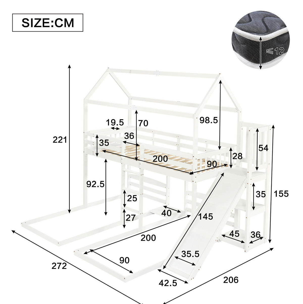 ETAGENBETT 90/200 cm in Weiß mit Rutsche und Dachdesign - Weiß, Holz (90/200cm) - OKMYHOME