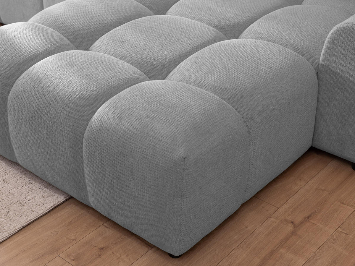 ECKSOFA inkl. Hocker Bubble mit Schlaffunktion und losen Rückenkissen, Sitzfläche Bubble-Optik aus weichem Grau Strukturstoff - Ottomane Rechts - Schwarz/Grau, Holz/Kunststoff (306/180cm) - S-Style Möbel