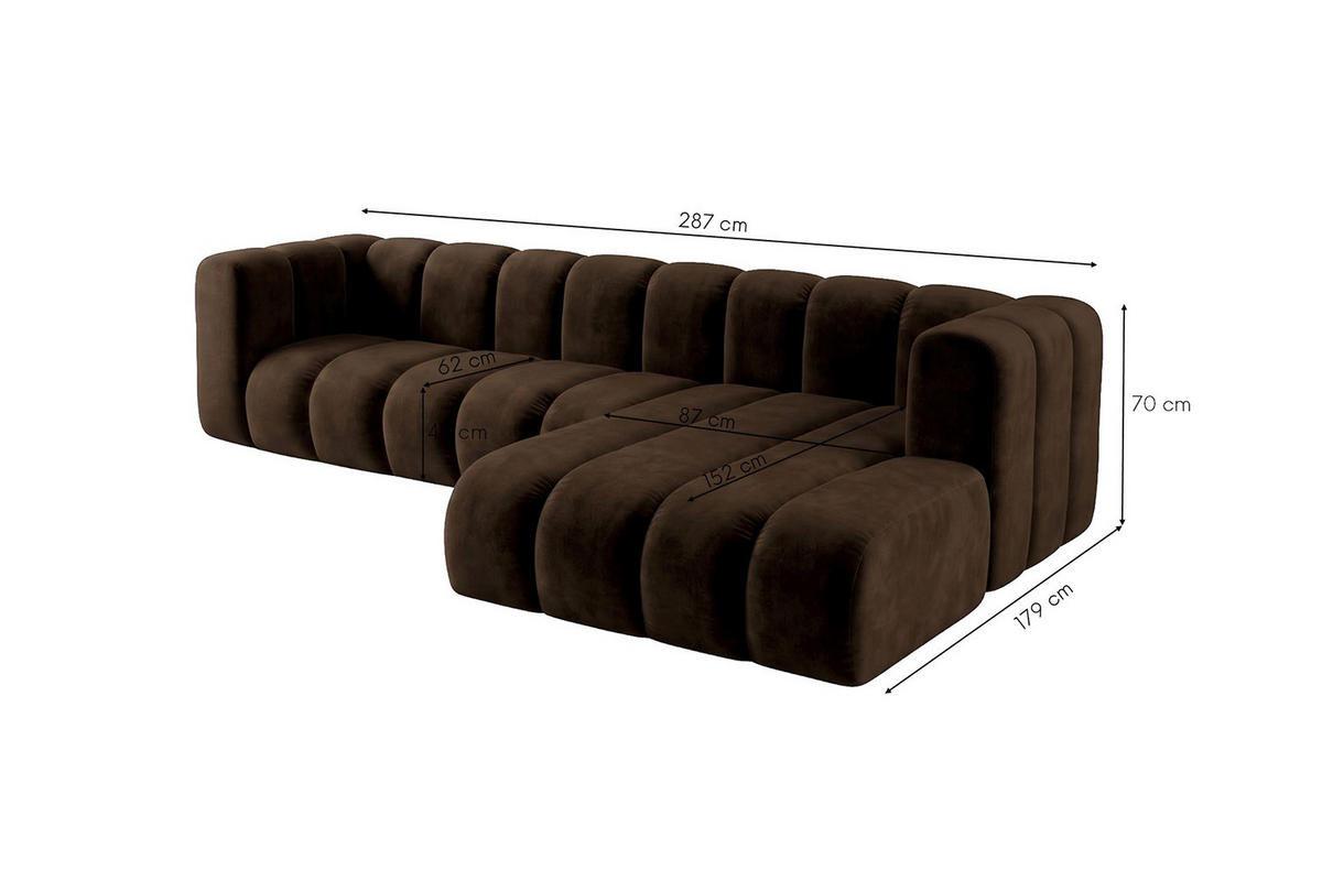 ECKSOFA Modulares In L-Form, Velvet-Stoff Riviera, Schokolade, Rechts, GRAND 287 cm - Braun, Holz (287/179cm) - Kaiser Möbel