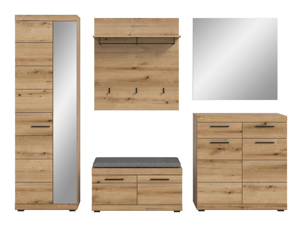 GARDEROBEN-SET inkl. Sitzkissen SCOUT 6-tlg. (B/H/T: ca. 272/197/40 cm) in Evoke Oak Nachbildung/Evoke Oak Nachbildung - Eichefarben, Holzwerkstoff (272/197/40cm)