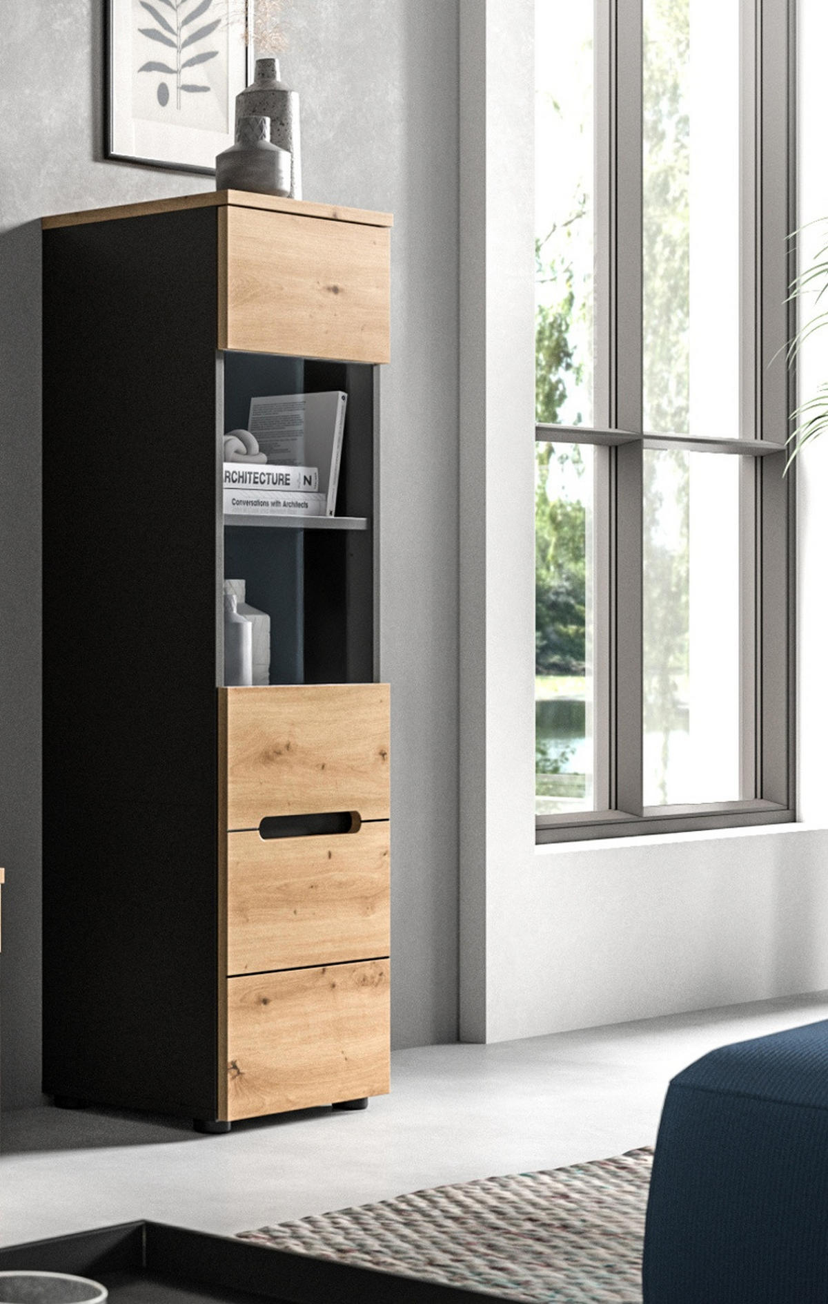 VITRINE Eiche Artisan, grau, Vitrinenschrank hängend / stehend 36 cm, Soft-Close - Schwarz/Eiche Artisan, Glas/Holzwerkstoff (36/125/33cm) - Inn.Furn