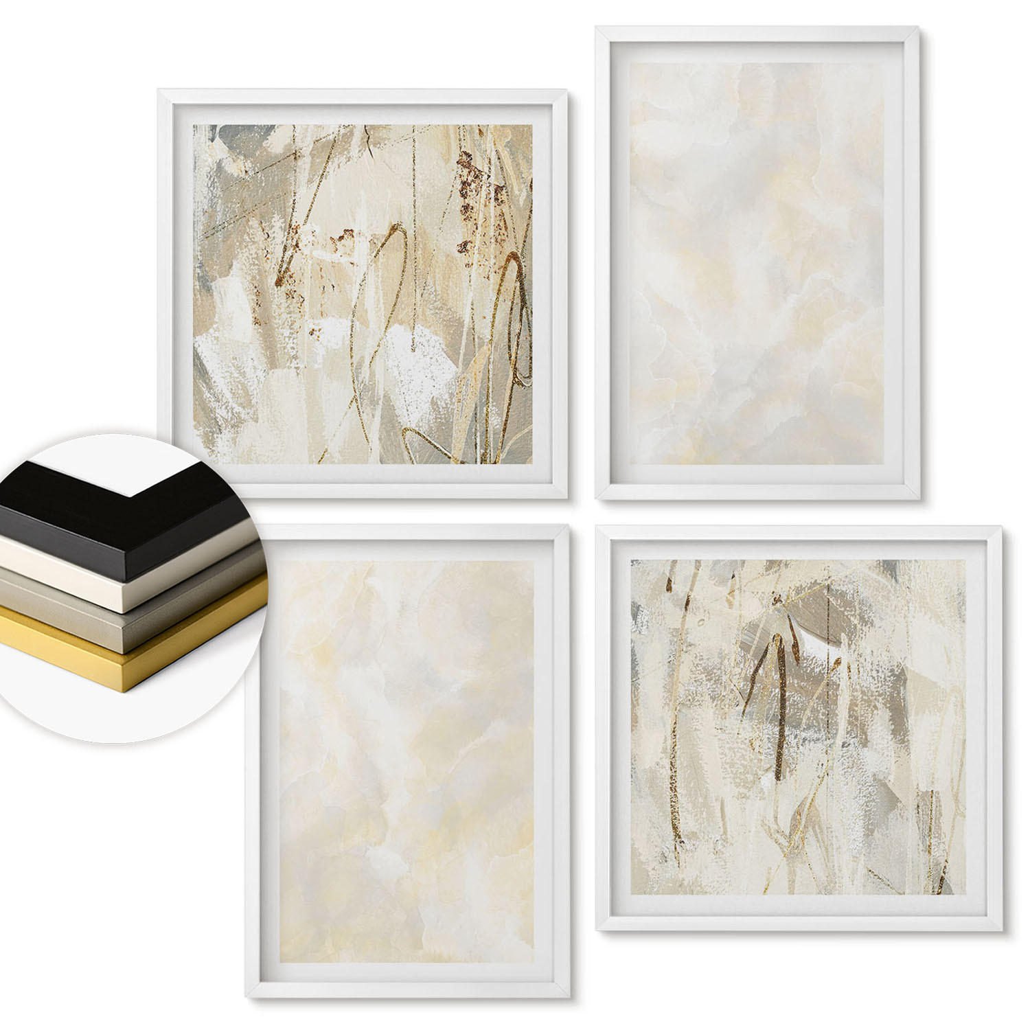 WANDBILDER 4er-Set - 50x50 cm & 40x60 cm Weißer Rahmen - Helles Strukturfarbendesign - Weiß, Kunststoff (50/50cm) - ArtPrintCave