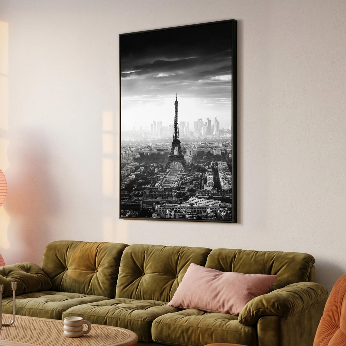 LEINWAND Bilder mit Rahmen - Paris - Skyline - Eiffelturm - Stadt - Wolken - 100x150 - Dunkelgrau, Textil (100/150cm) - MuchoWow