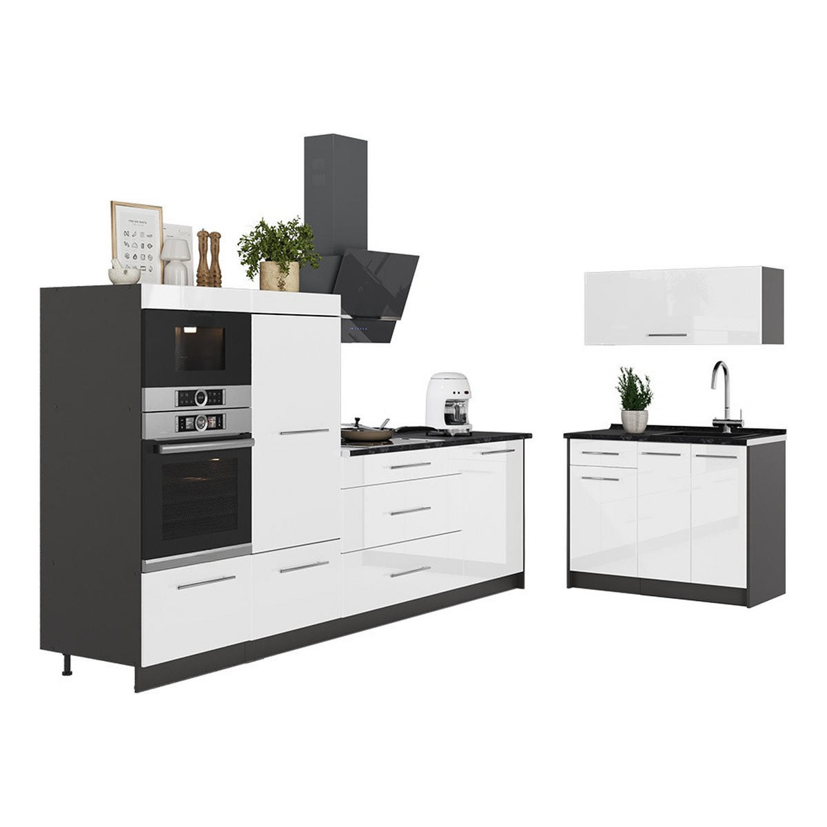 KÖK Fame-Line, Vit högblank/antracit, 380 cm, AP Antracit - Antracit/Vit högglans, Träbaserade material (380/153.6/60cm) - Vicco