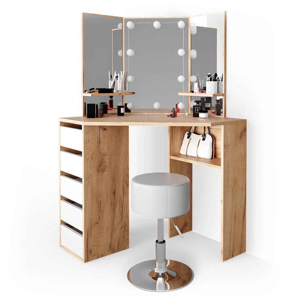 ECKSCHMINKTISCH Arielle Goldkraft Eiche 110 cm mit LED Beleuchtung und Hocker - Eiche Wotan, Holzwerkstoff (110/141.5/54cm) - Vicco