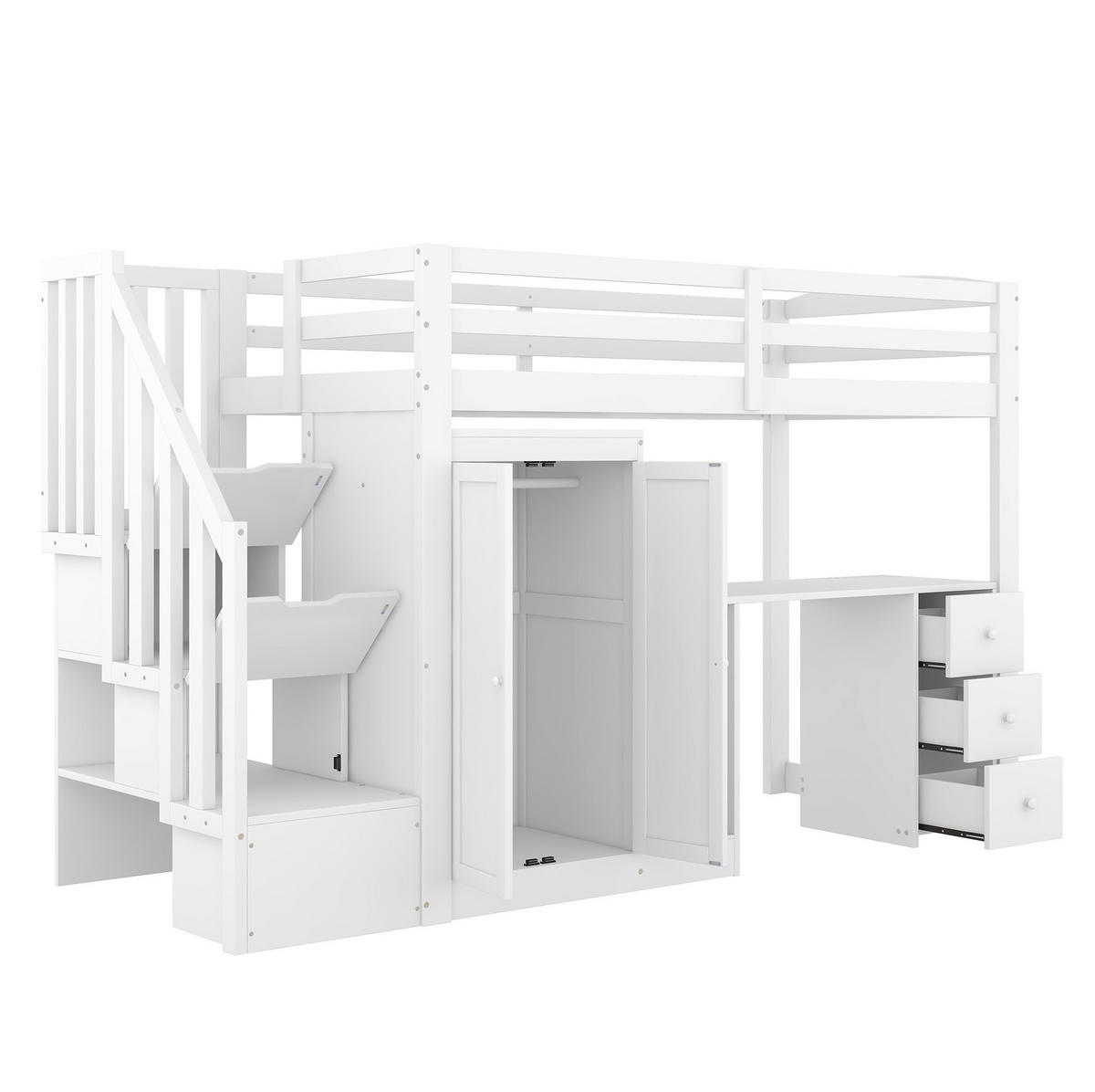 VYSOKÁ posteľ 90/200 cm biela z borovice a MDF so stolom, šatníkom, zásuvkami a úložnými schodmi - biela, kompozitné drevo (90/200cm) - OKWISH