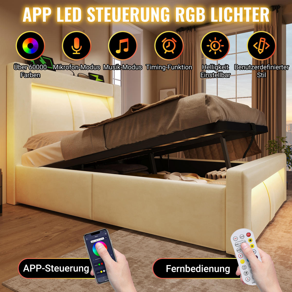 POLSTERBETT 90/200 cm mit LED, USB- und Type-C-Anschlüssen, hydraulischem Stauraum und Samtbezug, Beige - Beige, Holz (90/200cm) - Redom