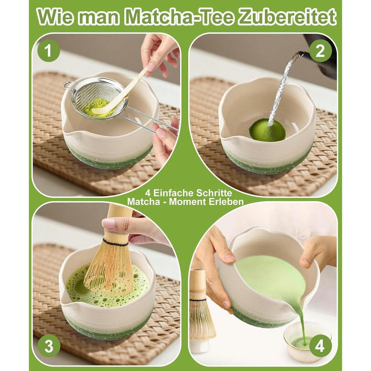 MATCHA Set 7-teiliges Set Bambus Besen Keramik Schale mit Ausgießer Grün Gradient - Grün, Keramik (15/10/15cm)