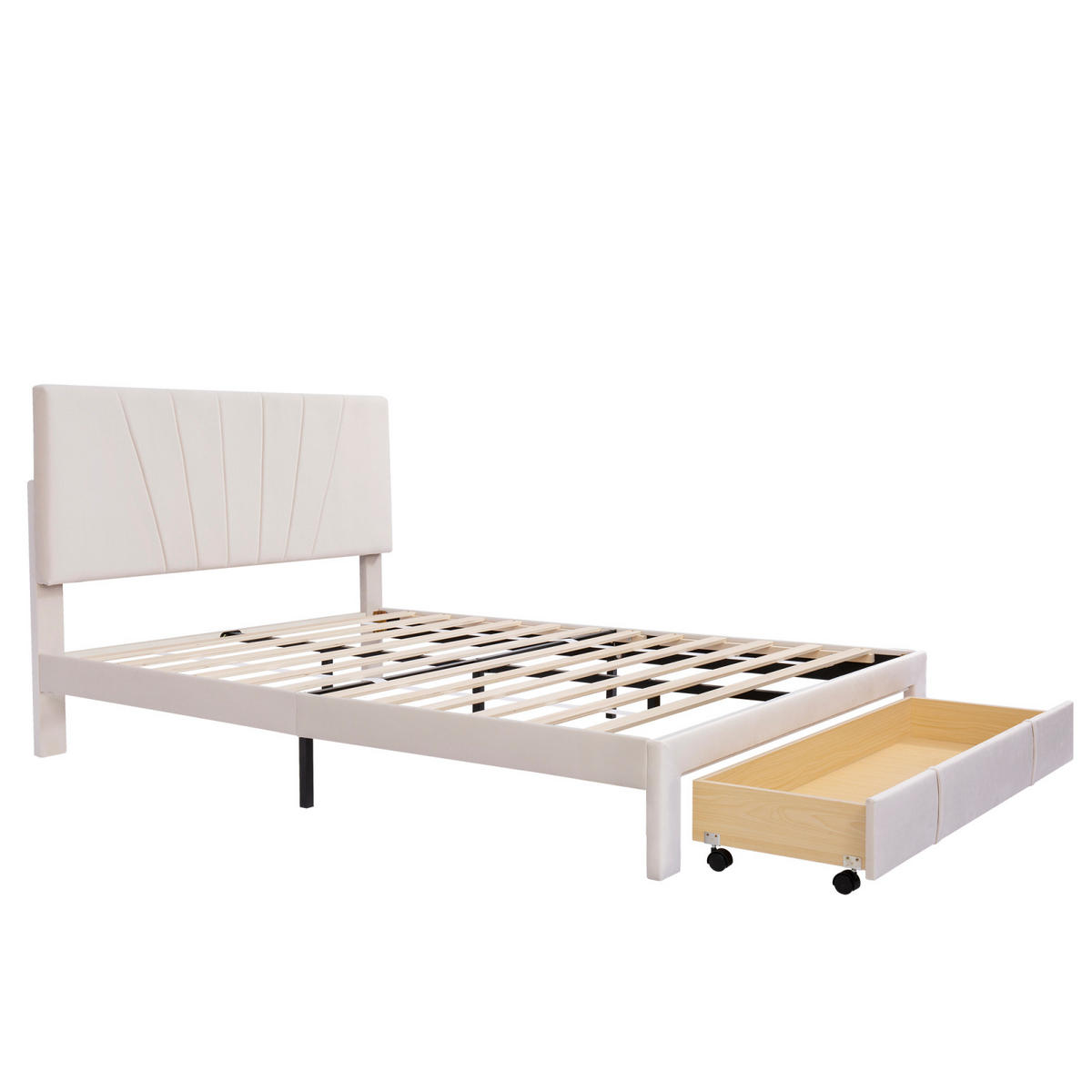 POLSTERBETT 140x200 cm, Beige, großer Schublade, Samt - Beige, Textil/Metall (140/200cm)