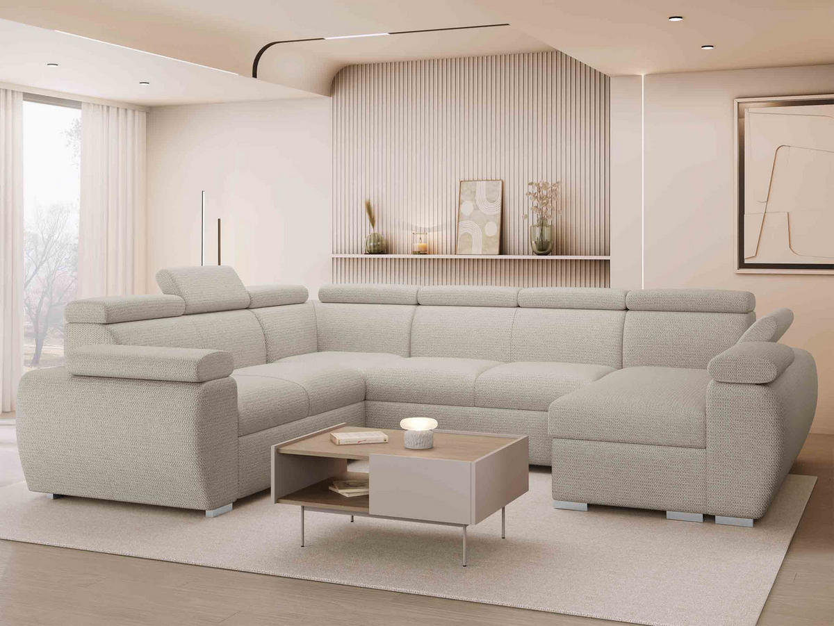 WOHNLANDSCHAFT Boston U, Seite: Rechts - 2R+R+2P+LC - Chromfarben/Creme, Holz/Textil (325/98/260cm) - MIRJAN24