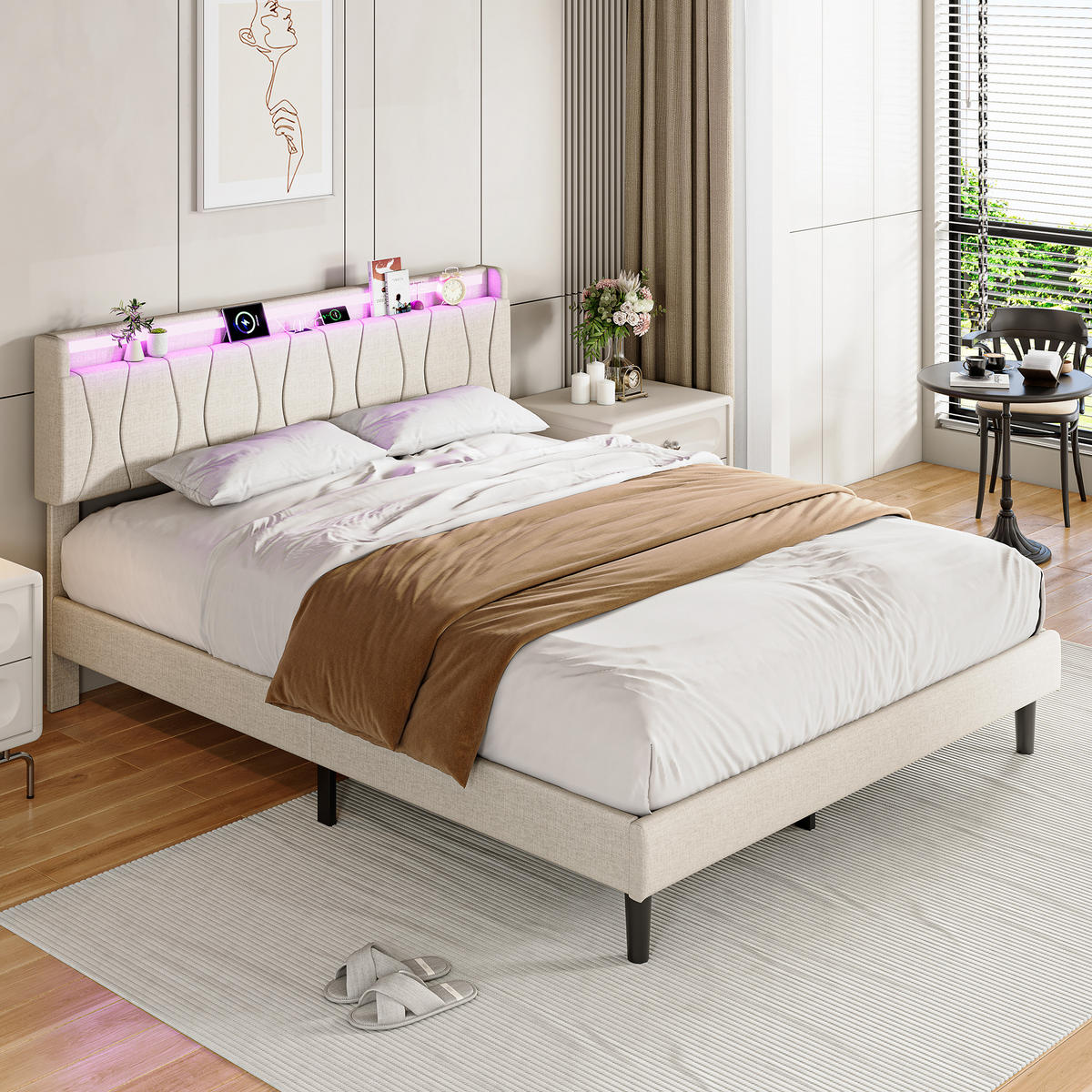 MANŽELSKÁ POSTEĽ 140x200 cm s LED, USB-C, ľanovým poťahom a lamelovým roštom - béžová, drevo (140/200cm) - SHOPENTRA