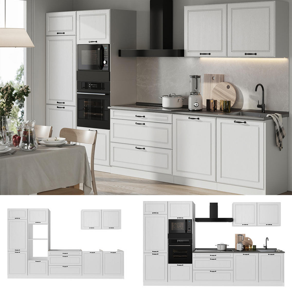 KÜCHENZEILE R-Line, Weiß Landhaus/Weiß, 340 cm Arbeitsplatte Goldkraft Eiche - Weiß, Holzwerkstoff (340/206.8/60cm) - Vicco