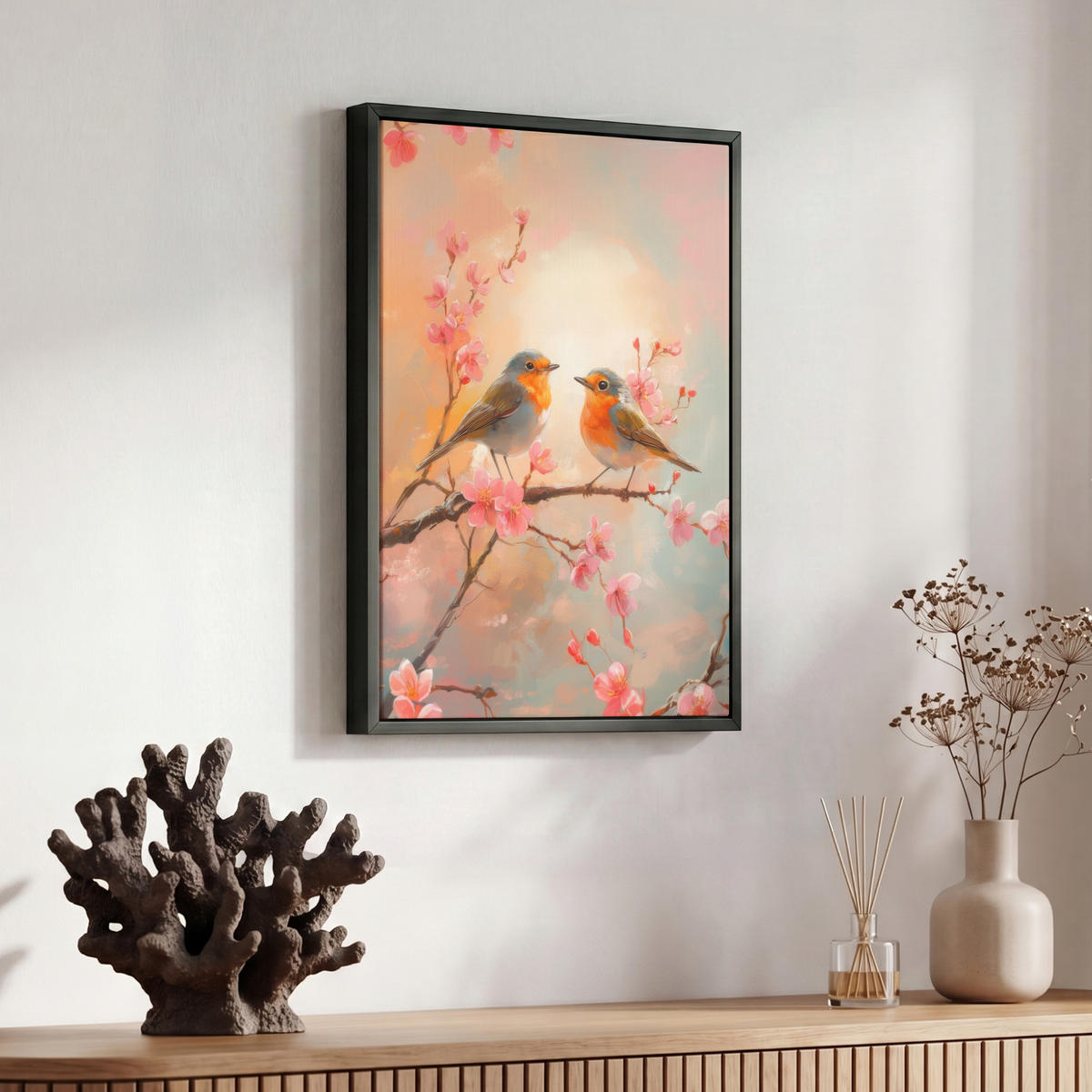 LEINWAND Bilder mit Rahmen - Rotkehlchen - Zierpflanze - Blütenzweig - 30x40 - Hellrosa, Textil (30/40cm) - MuchoWow