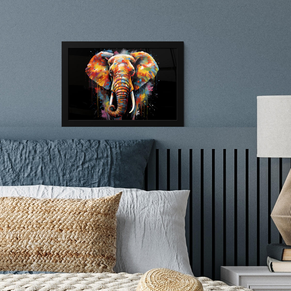 POSTER MIT RAHMEN Elefant - Graffiti - Schwarz - Tiere - Farben 30x20 cm - Schwarz, Papier (30/20cm) - MuchoWow