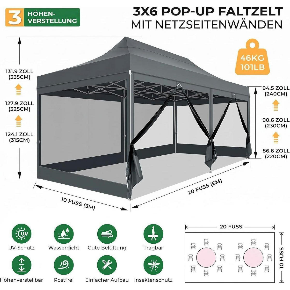 FALTPAVILLON 3x6m Grau Wasserdicht mit 6 Seitenwänden - Grau, Textil (300/335/600cm)