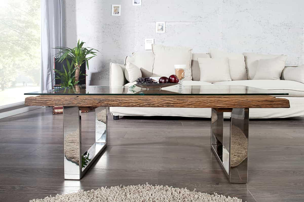 COUCHTISCH BARRACUDA Teakholz kufen Natur|Silber 110cm - Silberfarben/Goldfarben, Glas/Holz (60/110/40cm) - riess-ambiente