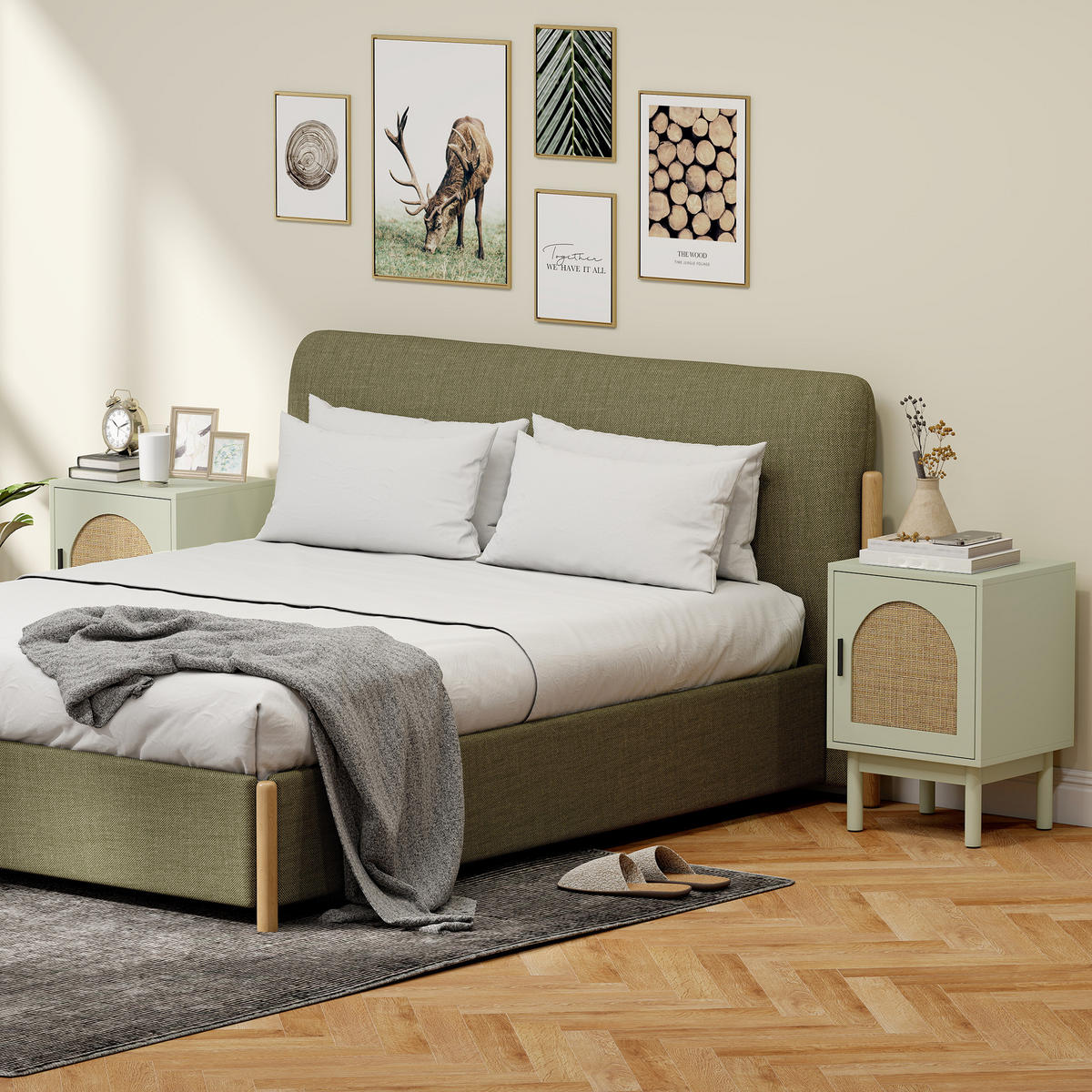 NACHTSCHRANK 2er-Set DE-12925 geflochtene Tür und verstellbares Regal Hellgrün - Grün, Holzwerkstoff (35/58/40cm) - ComfortXL