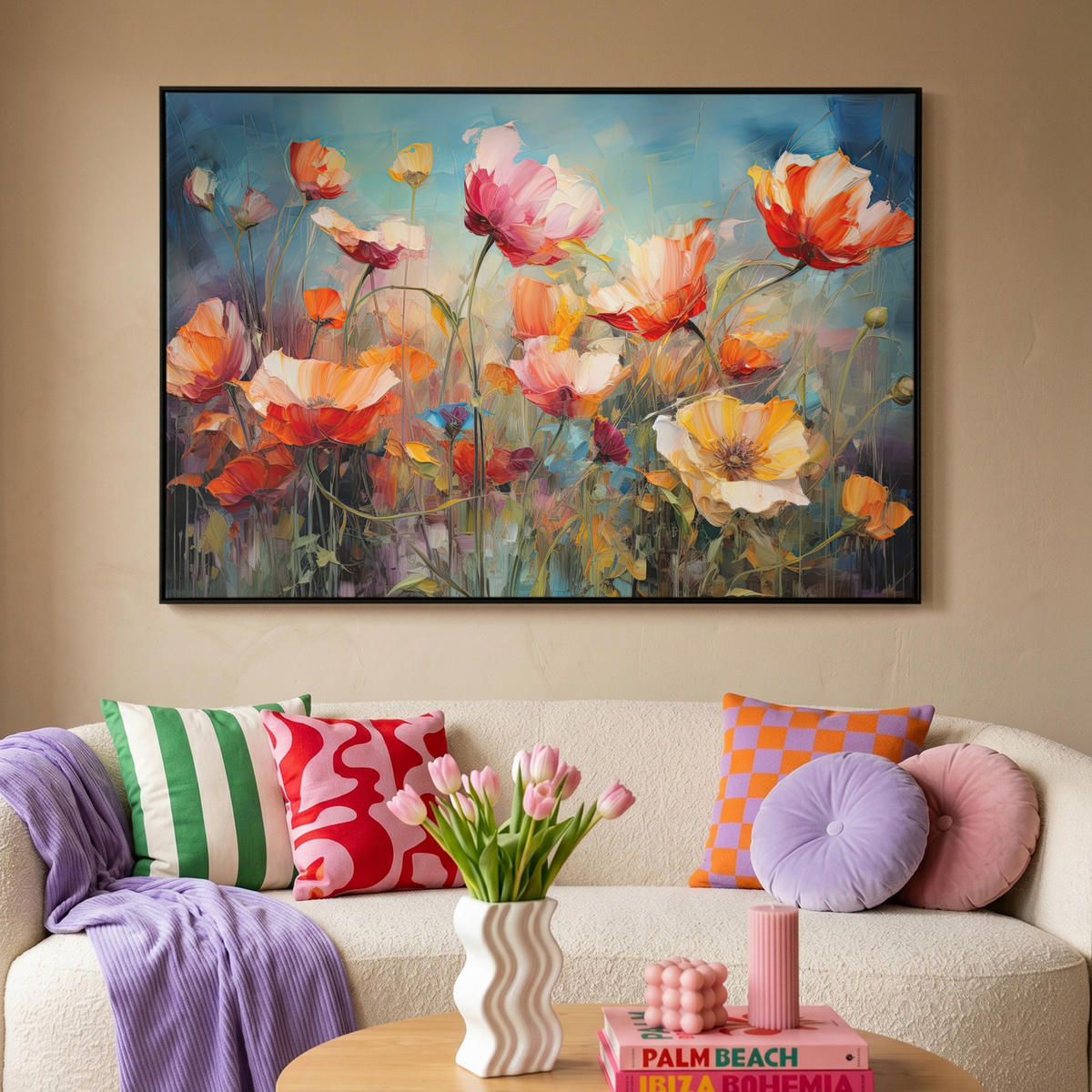 LEINWAND Bilder mit Rahmen - Blumen - Aquarell - Kunst - Botanisch - Natur - 120x80 - Orange, Textil (120/80cm) - MuchoWow