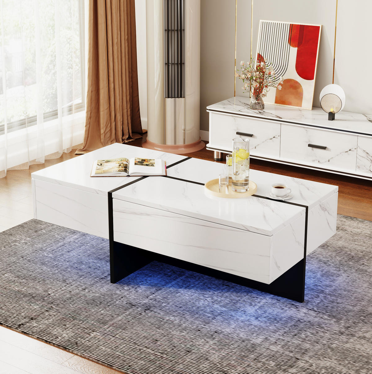 COUCHTISCH 100/50/34.5 cm weiß aus Spanplatte mit LED-Beleuchtung - Weiß, Holzwerkstoff (100/50/34.5cm) - OKMYHOME