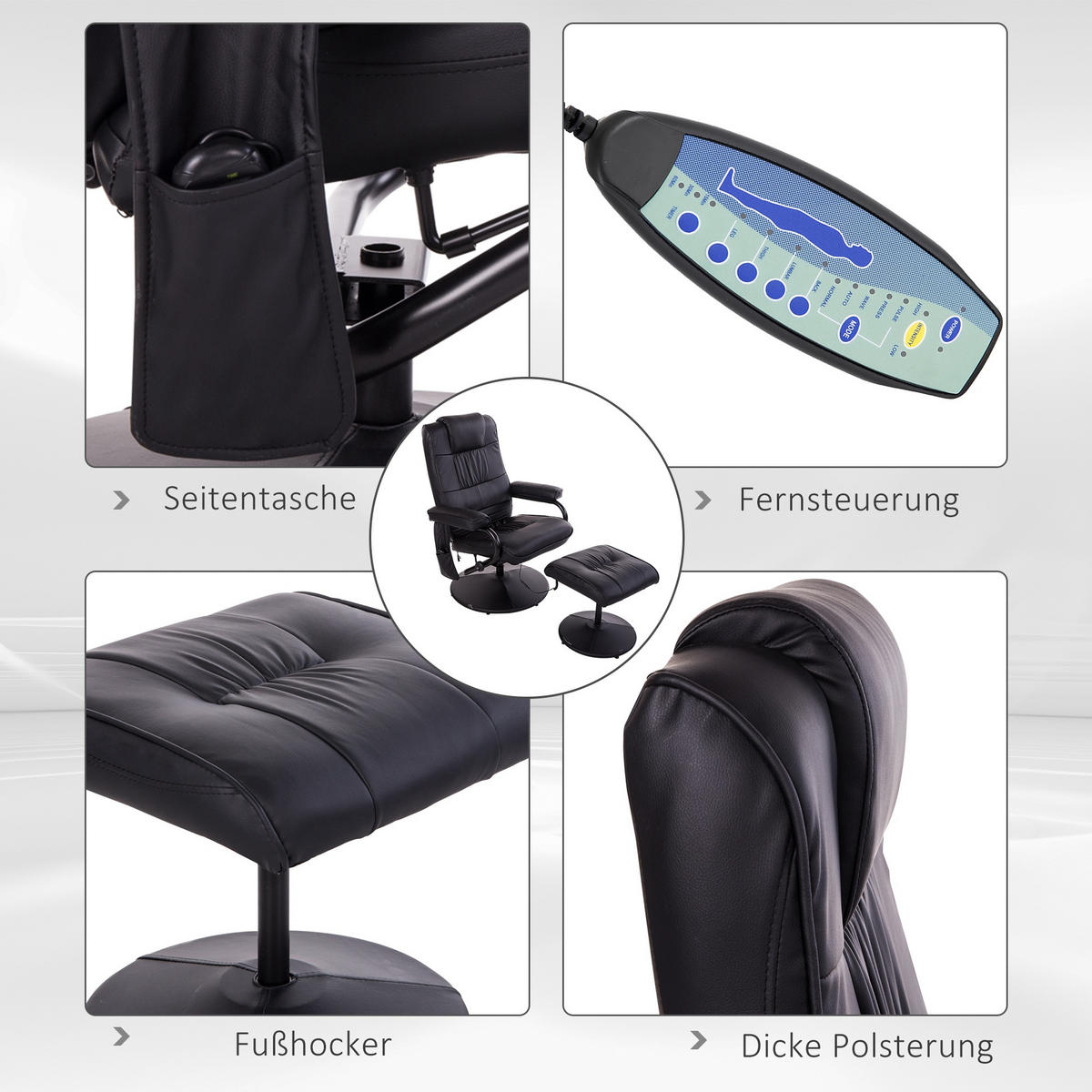 MASÁŽNÍ KŘESLO se stoličkou, relaxační křeslo s funkcí ležení, masážní funkce, černé - černá, kov/plast (84/95/77cm) - HOMCOM